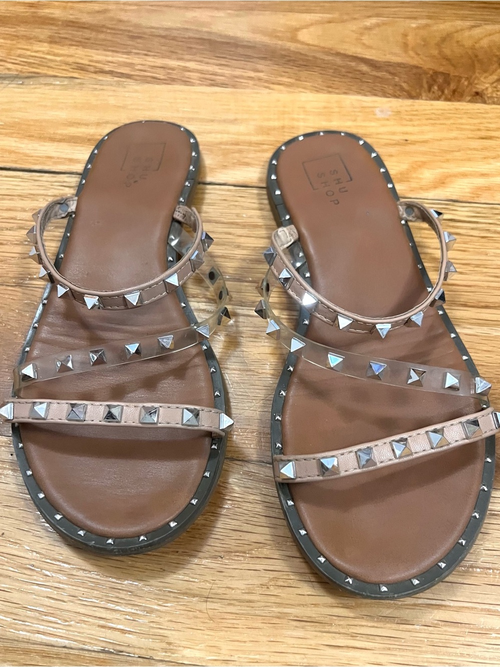 ShuShop Studded Brown Slide Sandals with Clear Straps